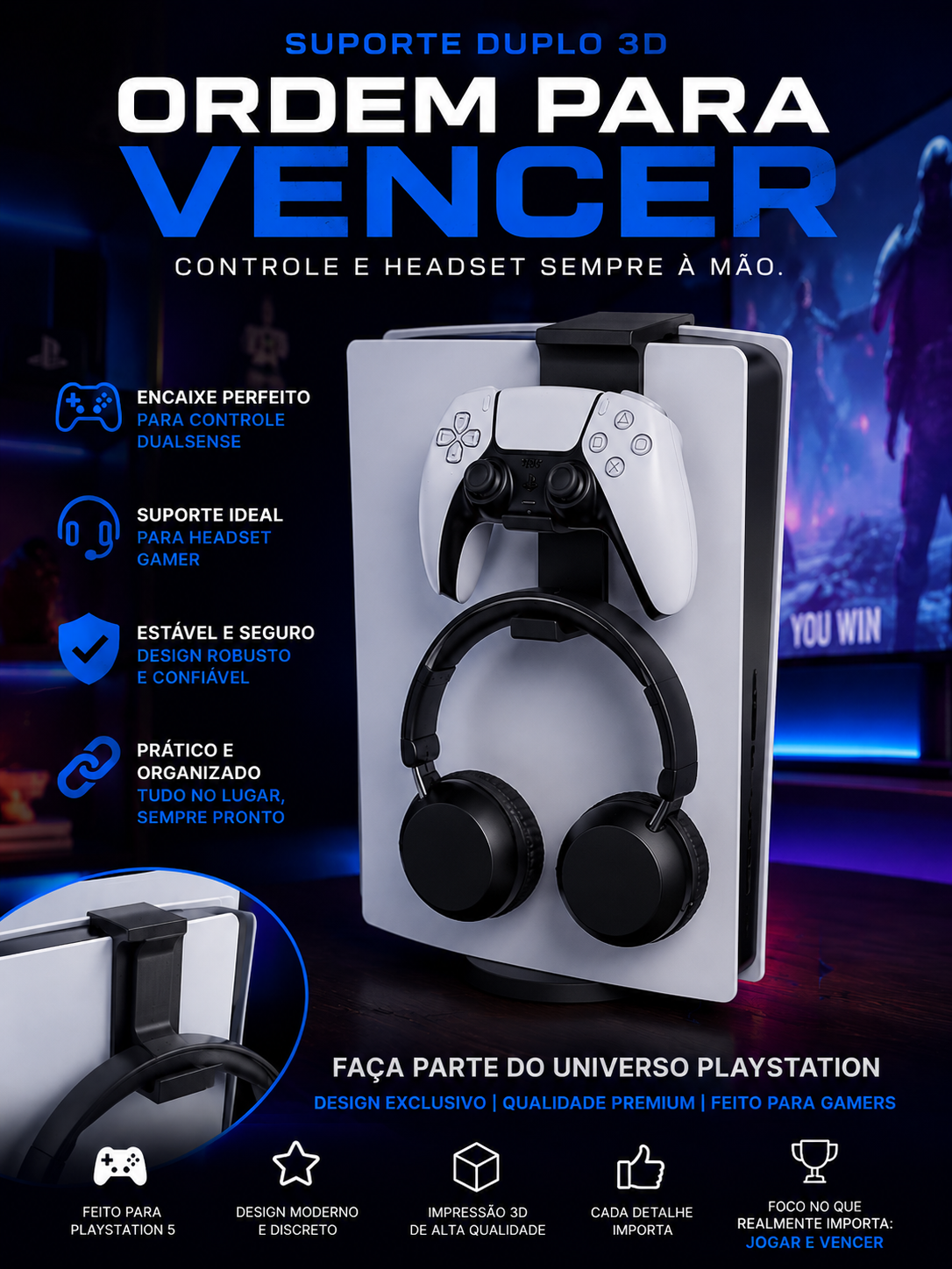 Suporte Duplo 3D – Controle + Headset para PS5
